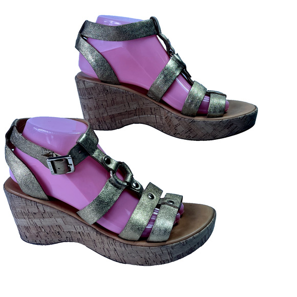 Kork-Ease Sandals Womens 9 Leather Upper Metallic Gold Gabriela Gladiator Wedge - Picture 1 of 12